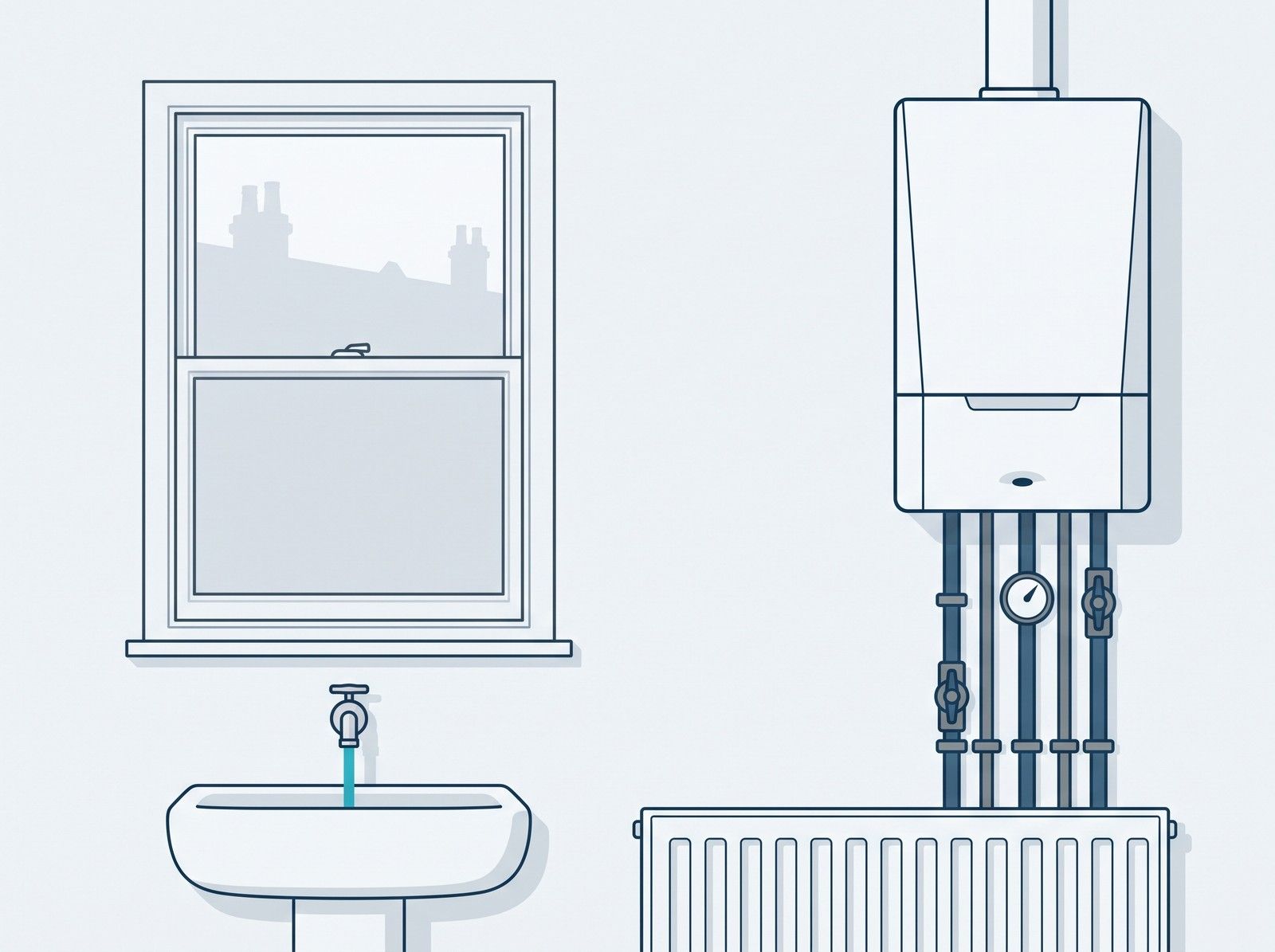 A wall-hung boiler and its pipework beside a sink under a sash window in a terraced house, with water running from the tap